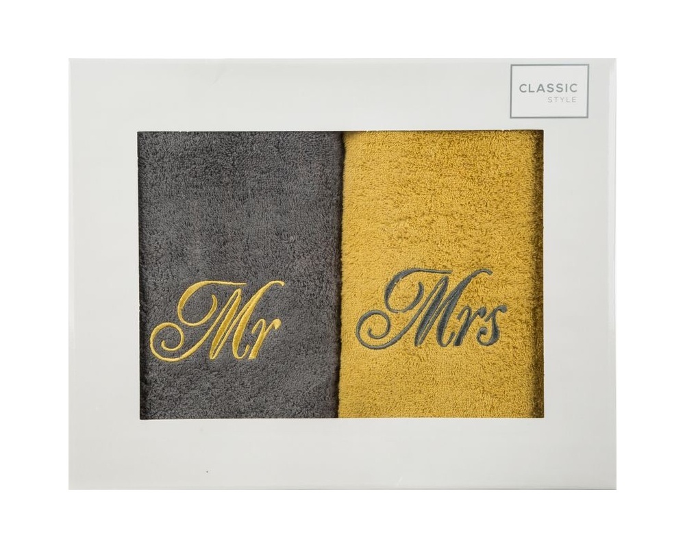 Darčekové balenie uterákov Mr & Mrs – šedá, žltá 70 x 140 cm